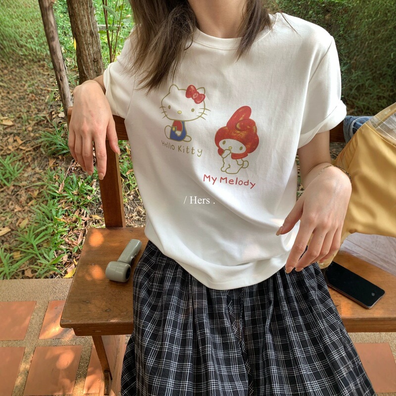 Hers Sweet Summer Korean Style Cartoon Cat Print Versatile Slimming Casual Round Neck Short Sleeve T-Shirt for Women 6129 Hers Sweet Summer Korean Style Cartoon Cat Print Versatile Slimming Casual Round Neck Short Sleeve T-Shirt for Women 6129