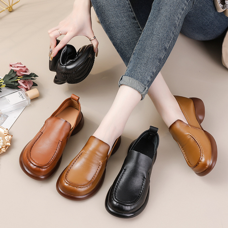 Genuine Leather 2024 Autumn Single Shoes High Heels Chunky Heel Mom Shoes Thick-Soled Loafers Women's New British Style