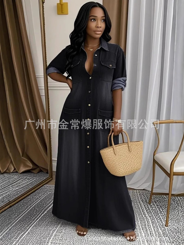 2025 ヨーロッパとアメリカのクロスボーダー Amazon 外国貿易婦人服ファッションウォッシュカジュアル長袖シャツドレスルーズロングスカート|undefined