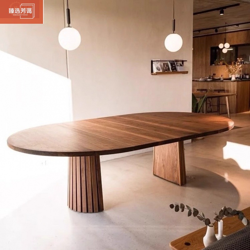 法式复古设计师款椭圆形实木餐桌中古风家用小户型饭桌办公会议桌|undefined