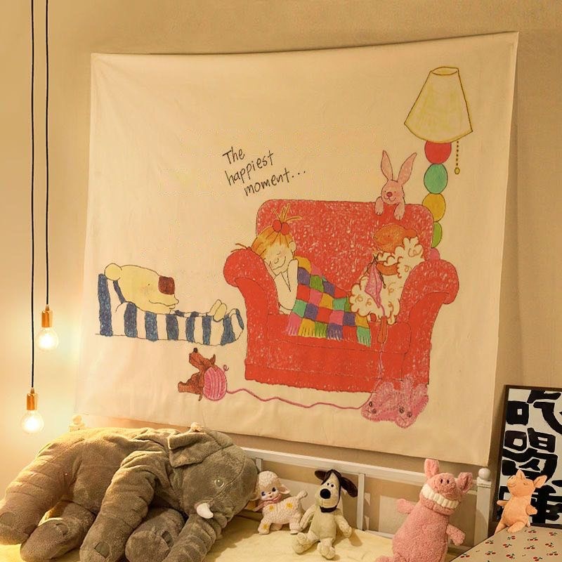 オイルパステルイラスト COCOソース かわいいおやすみ吊り布 子供部屋 寝室 壁飾り 雰囲気背景布 壁布|undefined
