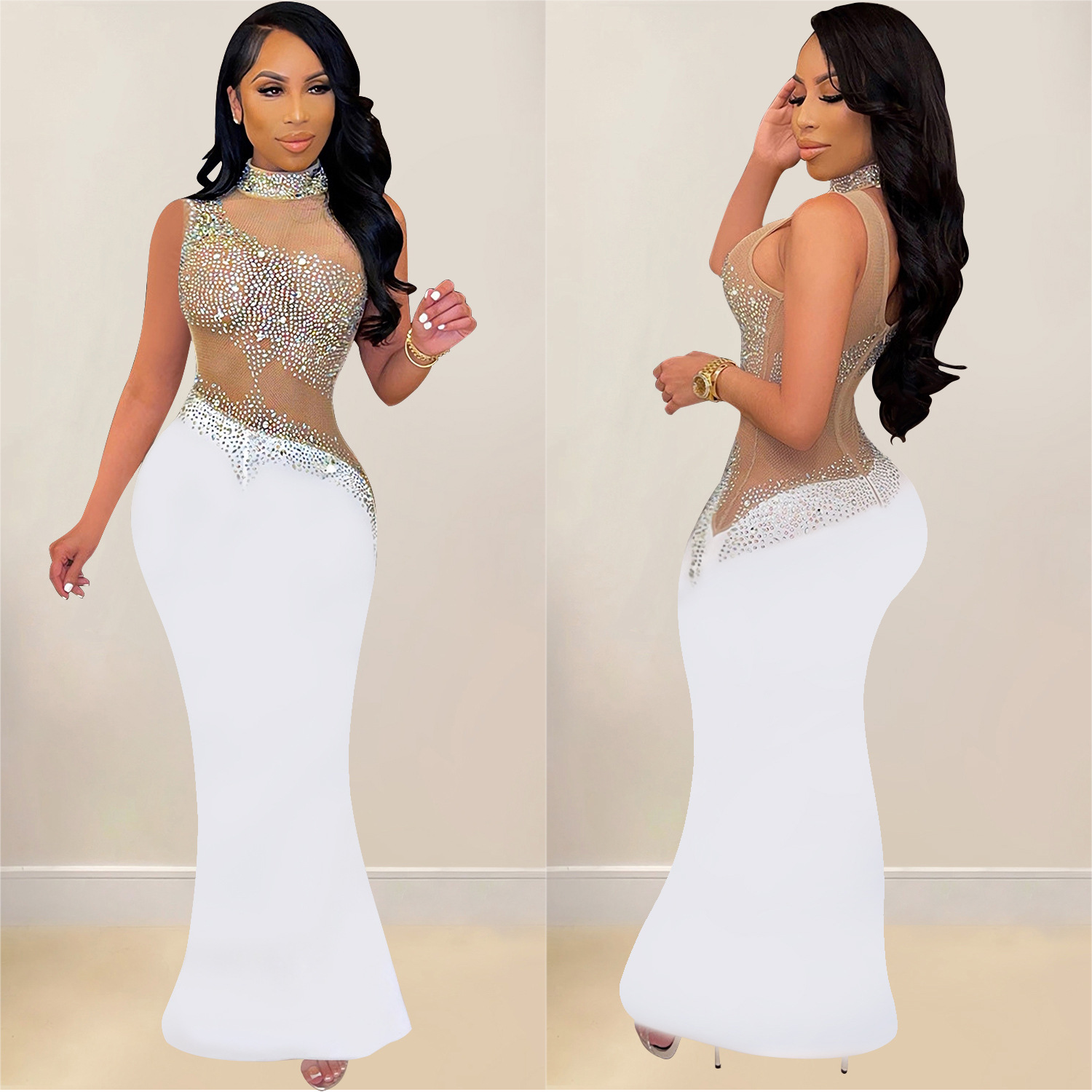 C7018 Aliexpress transfronterizo Amazon estación independiente de moda europea y americana ropa de mujer de malla de diamante caliente vestido sin mangas nuevo image 5