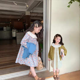 女童碎花裙秋装新款法式气质花边领连衣裙公主裙中小童一件代发