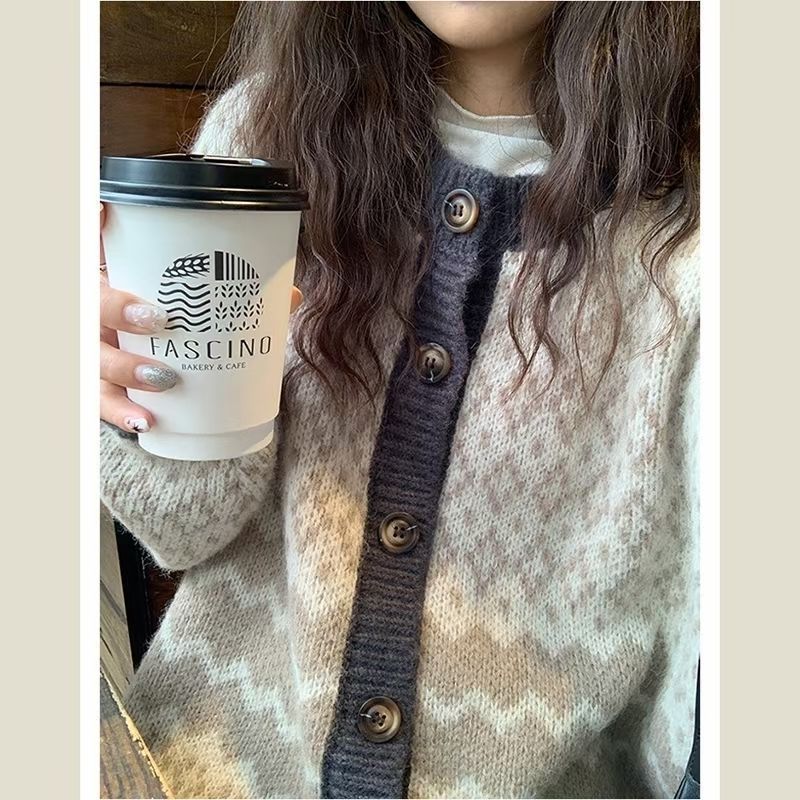 复古菱格毛衣外套女秋冬宽松慵懒风古着vintage加厚针织开衫潮流|undefined