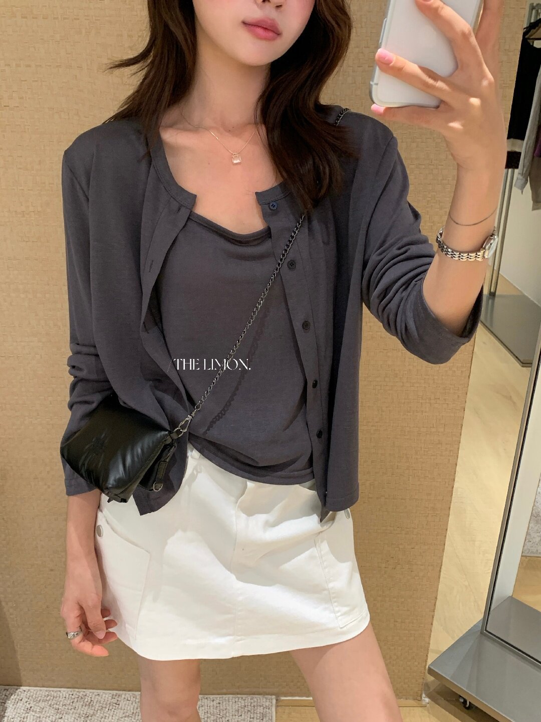 Bộ cardigan len mỏng kèm áo hai dây hai mảnh nữ mùa hè — Xám cacbon, xanh lam, màu hồng, Đậu xanh chi tiết 60