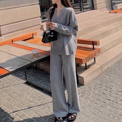 韓国版シンプルカジュアル風ニット2点セット女装秋冬新作ゆるい着痩せセーター女性ワイドパンツクロスボーダー