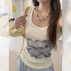 夏日小蓝花晕染不规则下摆吊带背心女2025新款褶皱收腰设计感上衣