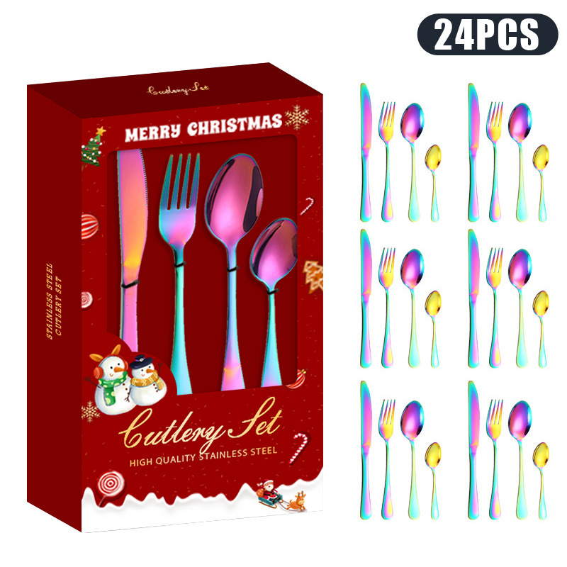 Juego de cucharas, tenedores y cucharas de acero inoxidable transfronterizo Juego de 24 piezas de vajilla Juego creativo de Navidad Caja de regalo de cuchara y tenedor dorado Regalo de la reunión anual