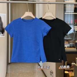 060409  夏季新款女士户外休闲运动百搭圆领收腰显瘦侧开叉短袖