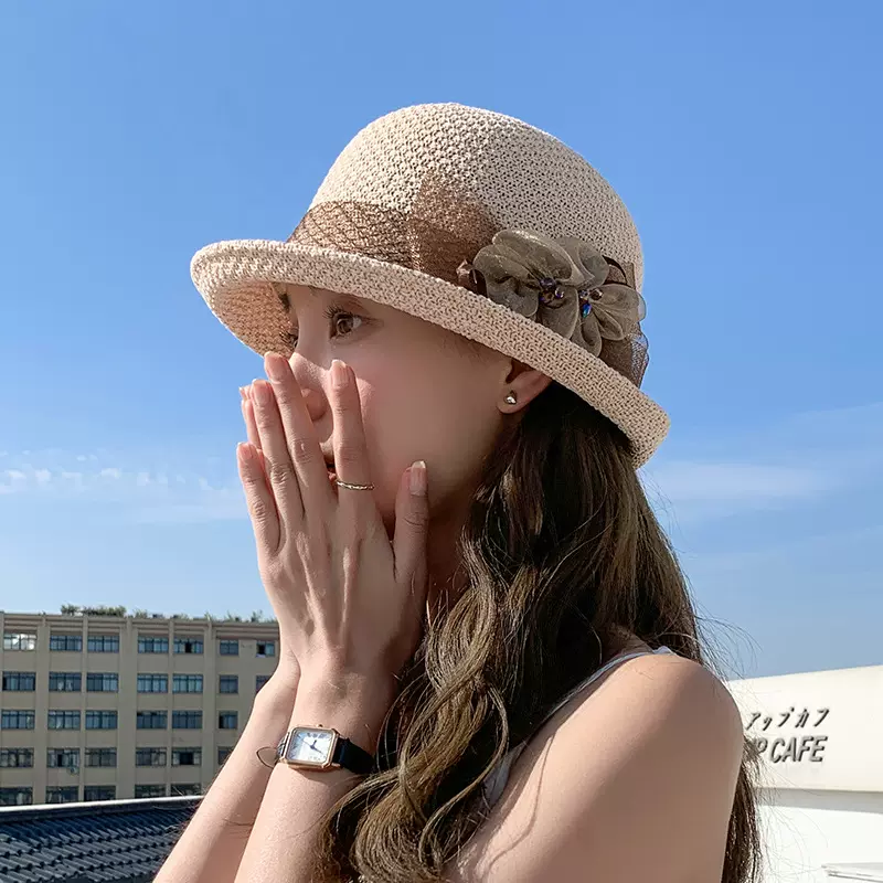 韩版夏季新款女针织透气花朵渔夫帽户外遮阳防晒卷边短沿小盆帽子