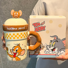 正規版猫とネズミの連名カップかわいい大容量マグカップ家庭用陶磁器カップ蓋付き高颜値カップ
