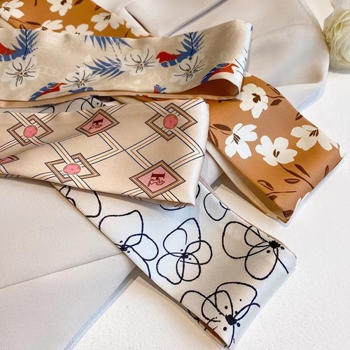 Elegant Beige Color Small Silk Scarf with Tassel Multi-functional Spring Hair Tying Fashion Long Narrow Collar Scarf Ins Korean Version