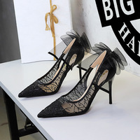 1789-H156M European and American style sexy hollow lace mesh bow pointed thin heel super high heels high-end women's shoes