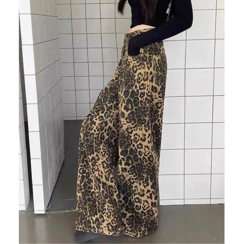 American Retro Leopard Print Jeans Women and Men's Spring and Autumn New Fashion Brand Niche Wide Leg Pants Loose Dipped Casual Pants