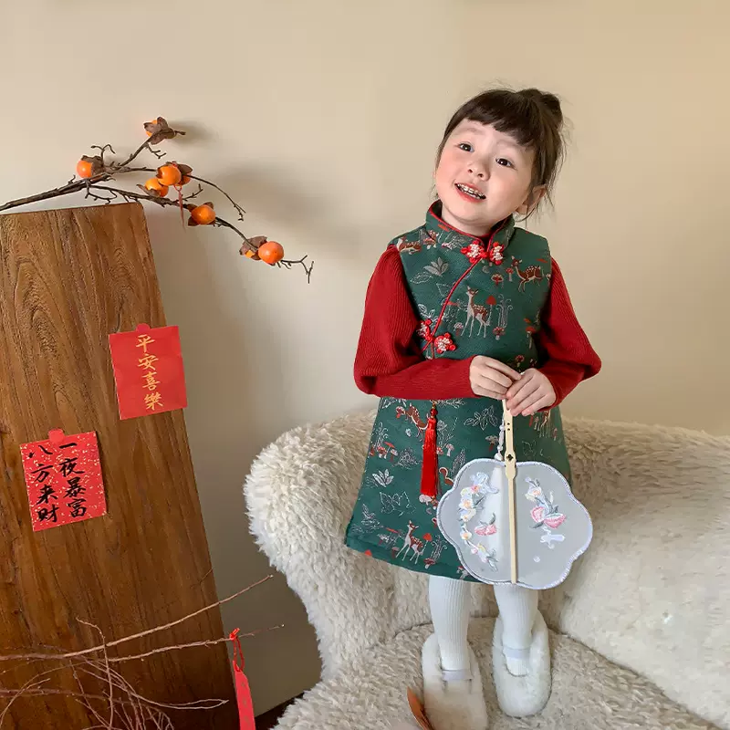 【清仓款】女童旗袍连衣裙冬装新款儿童中国风夹棉加厚裙子宝宝年