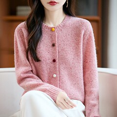 2025秋冬新款100羊毛衫女宽松圆领设计感彩点纱彩扣加厚针织开衫