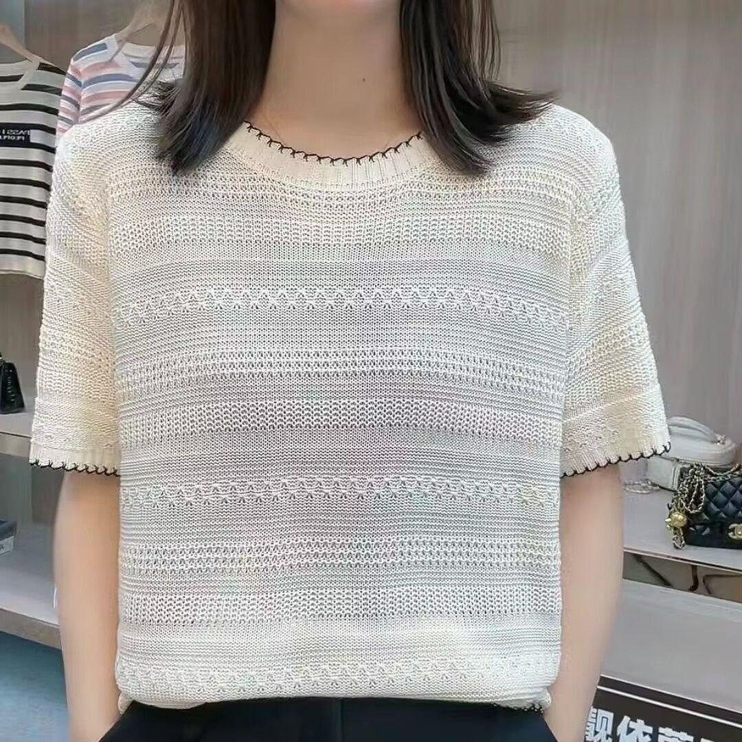 Crocheted openwork knit short-sleeved t-shirt, women's summer new style, fashionable, versatile, thin, trendy, popular top.