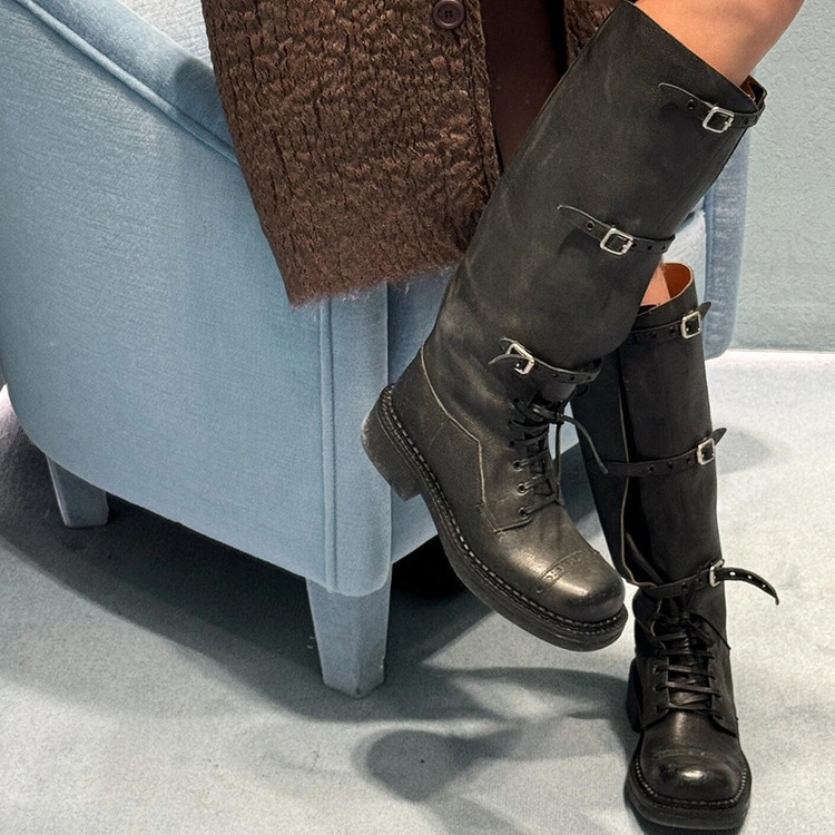 Modische, lange, kniehohe Martin-Knight-Western-Cowboystiefel aus Leder mit dicker Ferse und Gürtelschnalle für Damen_voghion.com