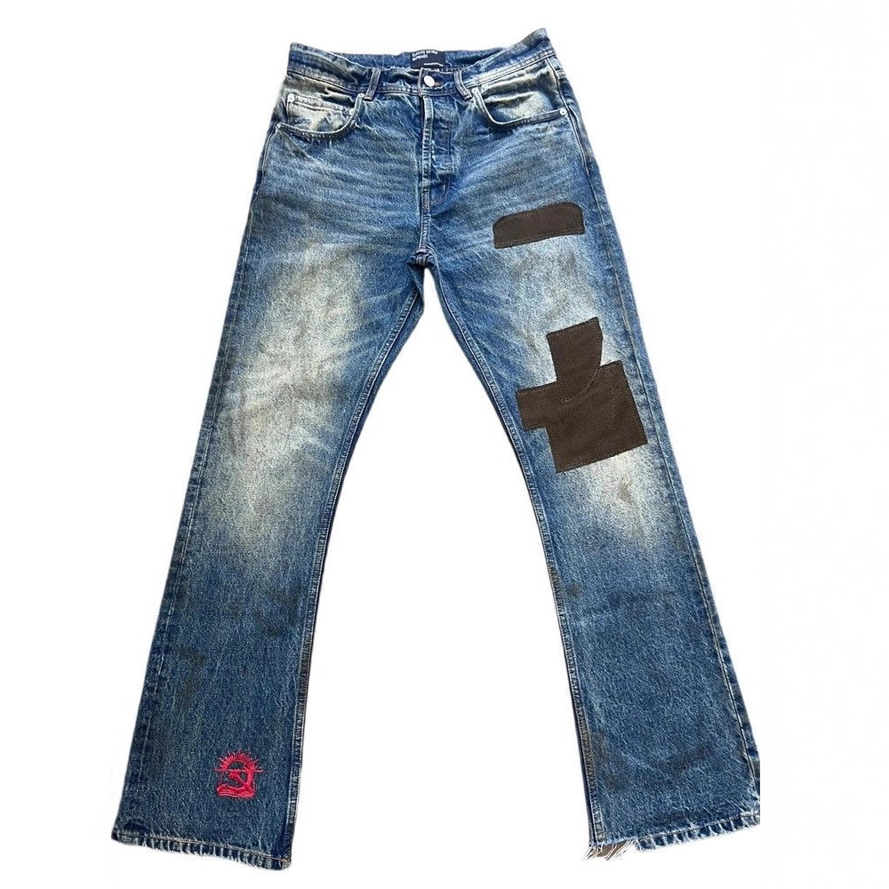 Men's Clothing Heavyweight Flared Jeans With Distressed Corduroy Patches, Washed And Styled Slim Fit And Casual Look._mkmklike.com