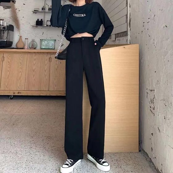 Women's wide-leg pants spring and autumn high waist draping mop black slimming versatile straight casual suit pants summer thin