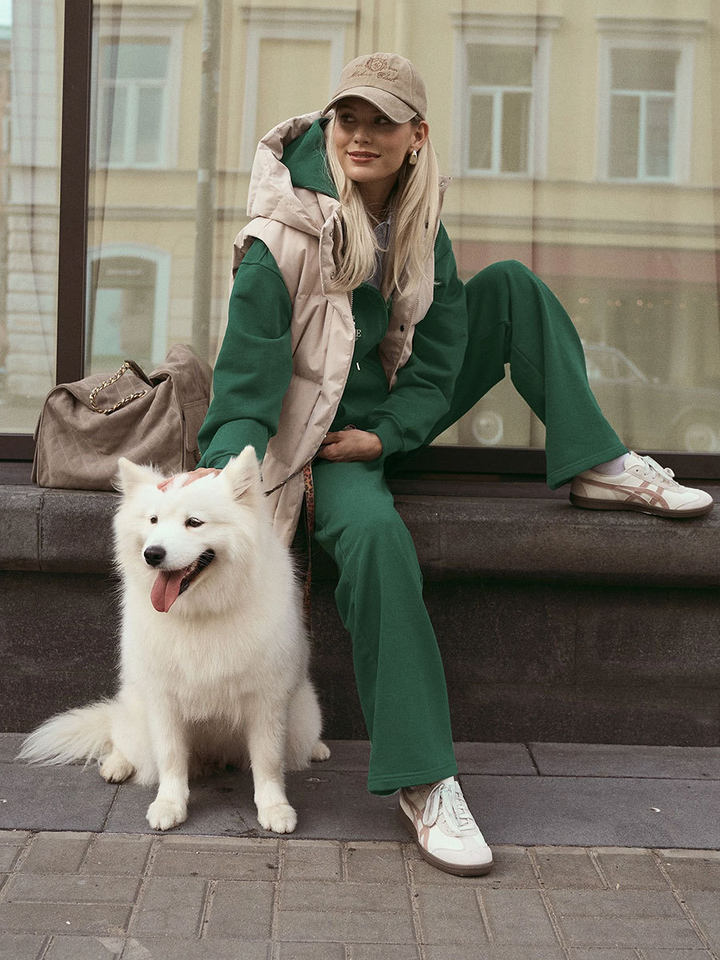 Bộ đồ thể thao nữ hai mảnh áo hoodie khóa kéo ngắn tay dài và quần dài — Màu xanh hải quân, màu xanh đậm, nâu sẫm