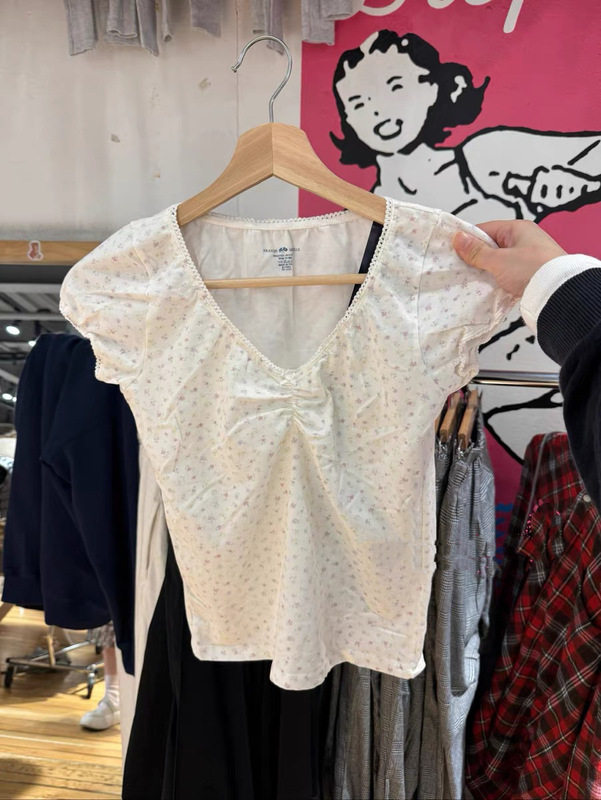 BM Style American Style Pleated V-Neck Lace Bow Lavender Floral Bm Short Sleeve Top Pure Slim Top