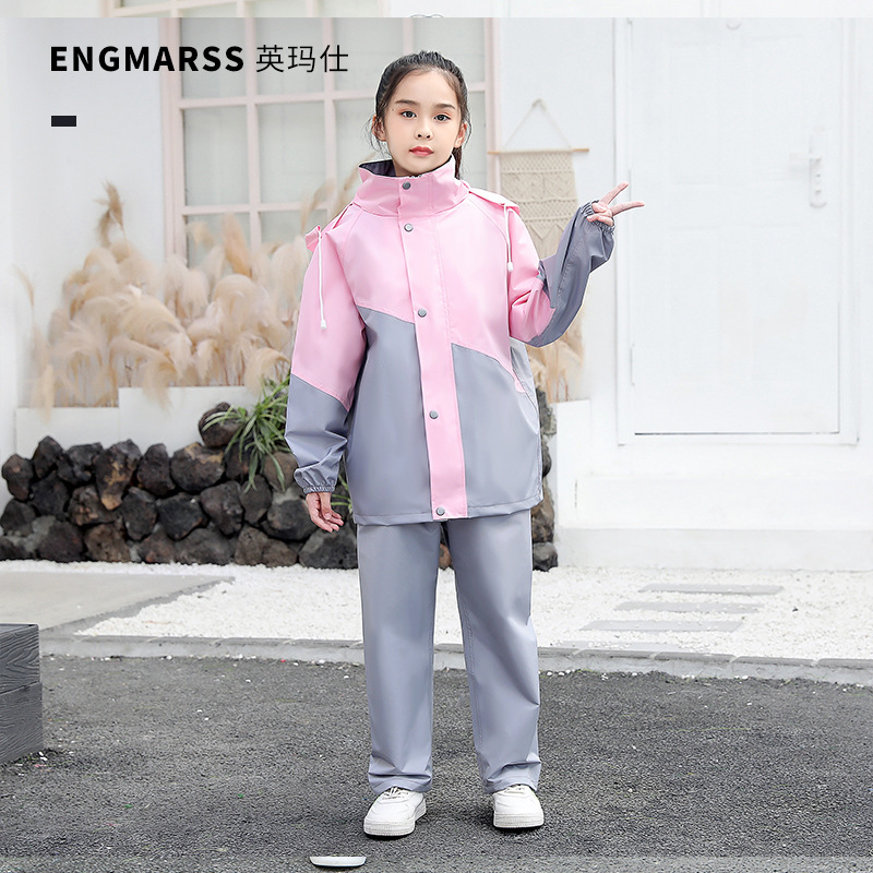 Niños impermeable de los niños niñas estudiante impermeable pantalones de lluvia traje de ala grande mochila posición impermeable
