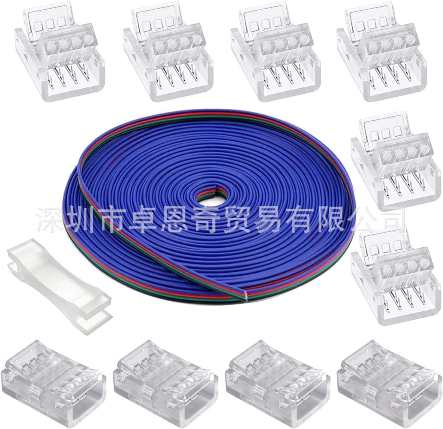 跨境亚马逊 RGB灯条免焊免剥连接器5米22awg线4pin水晶扣裸板滴胶