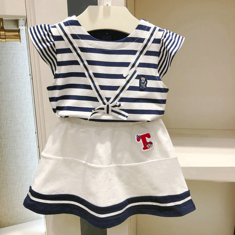 New Summer Style Bear-themed Children's Navy Striped Short-Sleeve T-Shirt, Korean Style Girls' Skirt and Pants Set
