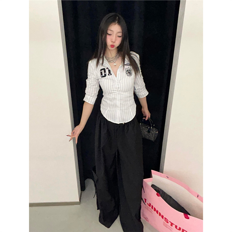 Original Fabric Striped Three-Quarter Sleeve Shirt for Women, Summer Slim-Fit Shirt Jacket, Vintage Slim-Fit Top Original Fabric Striped Three-Quarter Sleeve Shirt for Women, Summer Slim-Fit Shirt Jacket, Vintage Slim-Fit Top