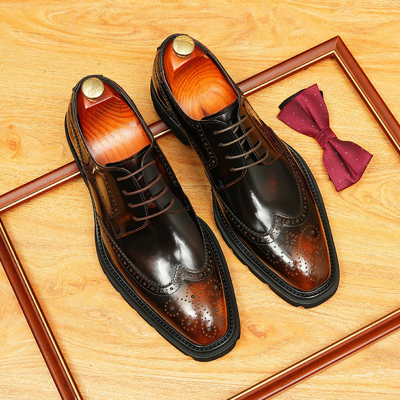[pies] zapatos de cuero genuinos para hombres de negocios británicos cuero de vaca tallado en el interior con tirantes de cabeza cuadrada y zapatos de hombre marrones para bodas del novio image 3