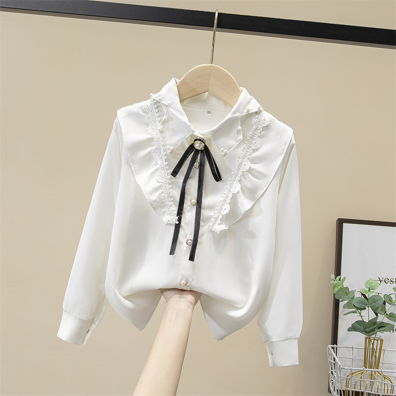 Spring/Summer 2025 Girls' Lace Lace White Shirt Long Sleeve Top Doll Collar College Middle School Children's Shirt Cross Border