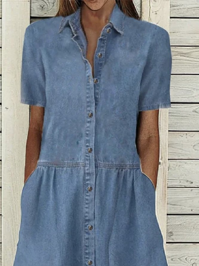 Women's Denim Dress Simple Style Turndown Short Sleeve Solid Color Midi Dress Daily Street display picture 2
