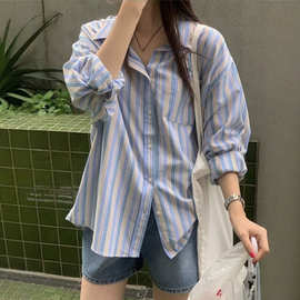 韩国ins 2026早秋新品韩系慵懒风小众杂色条纹长袖衬衣女百搭衬衫