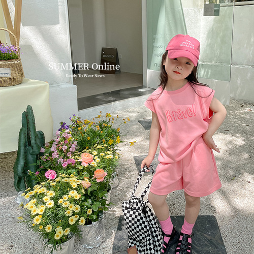 Elmo Beibei boys and girls neutral casual letter contrast short-sleeved tops shorts suit summer children's clothing
