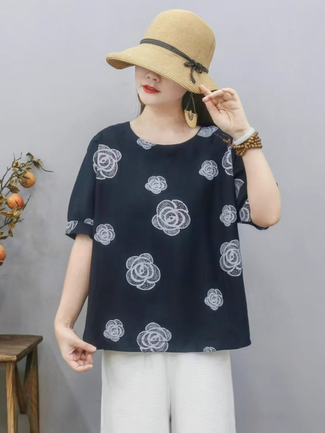Cross-border nueva camiseta de mujer china impresa camiseta de mujer de manga corta camiseta base de verano overhead cuello redondo artístico ocio image 1
