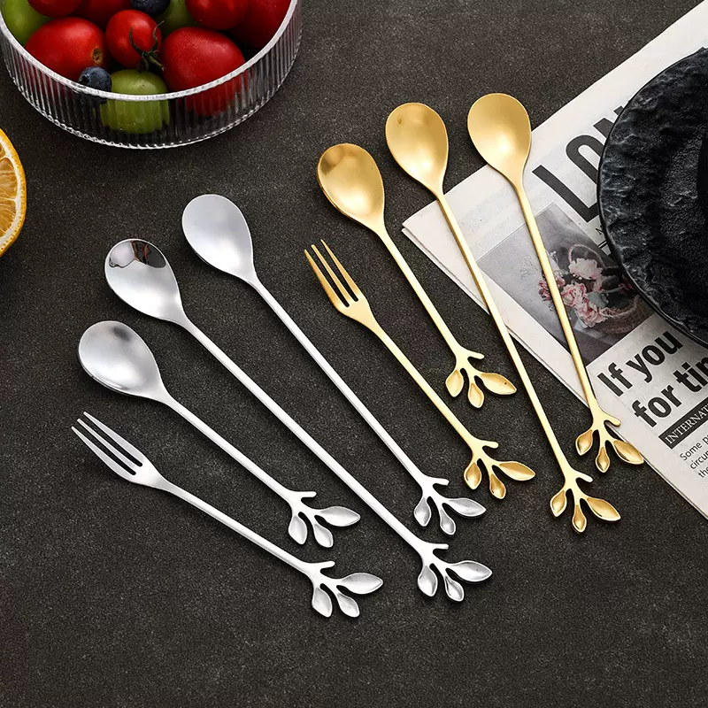 不锈钢勺子创意高颜值树叶勺水果叉长柄搅拌咖啡勺金色家用甜品勺
