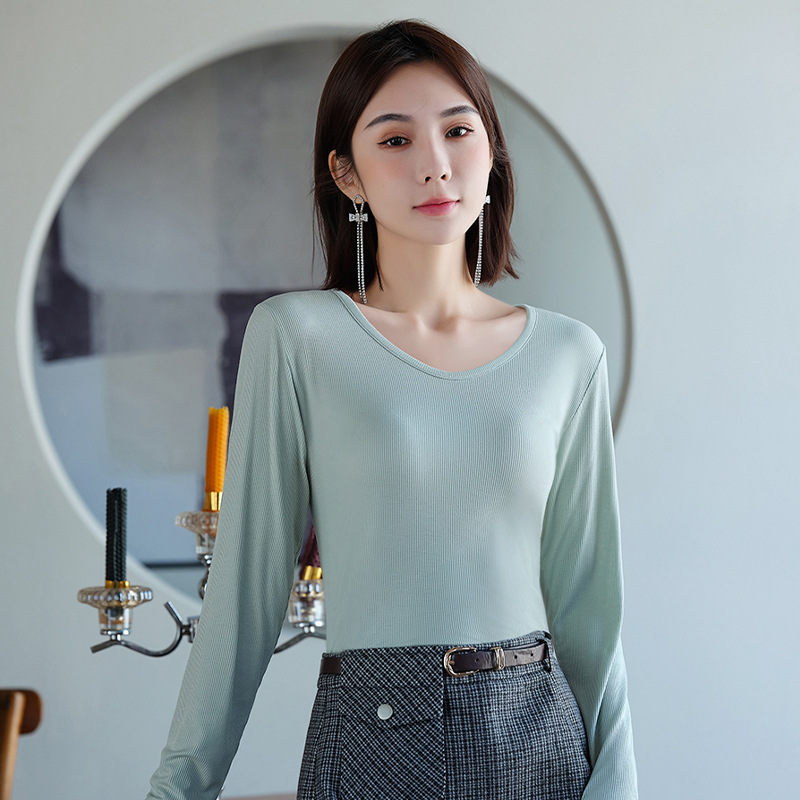 Camiseta de manga larga para mujer, cuello en V, acanalada, de color sólido, para otoño e invierno, modelo T2024