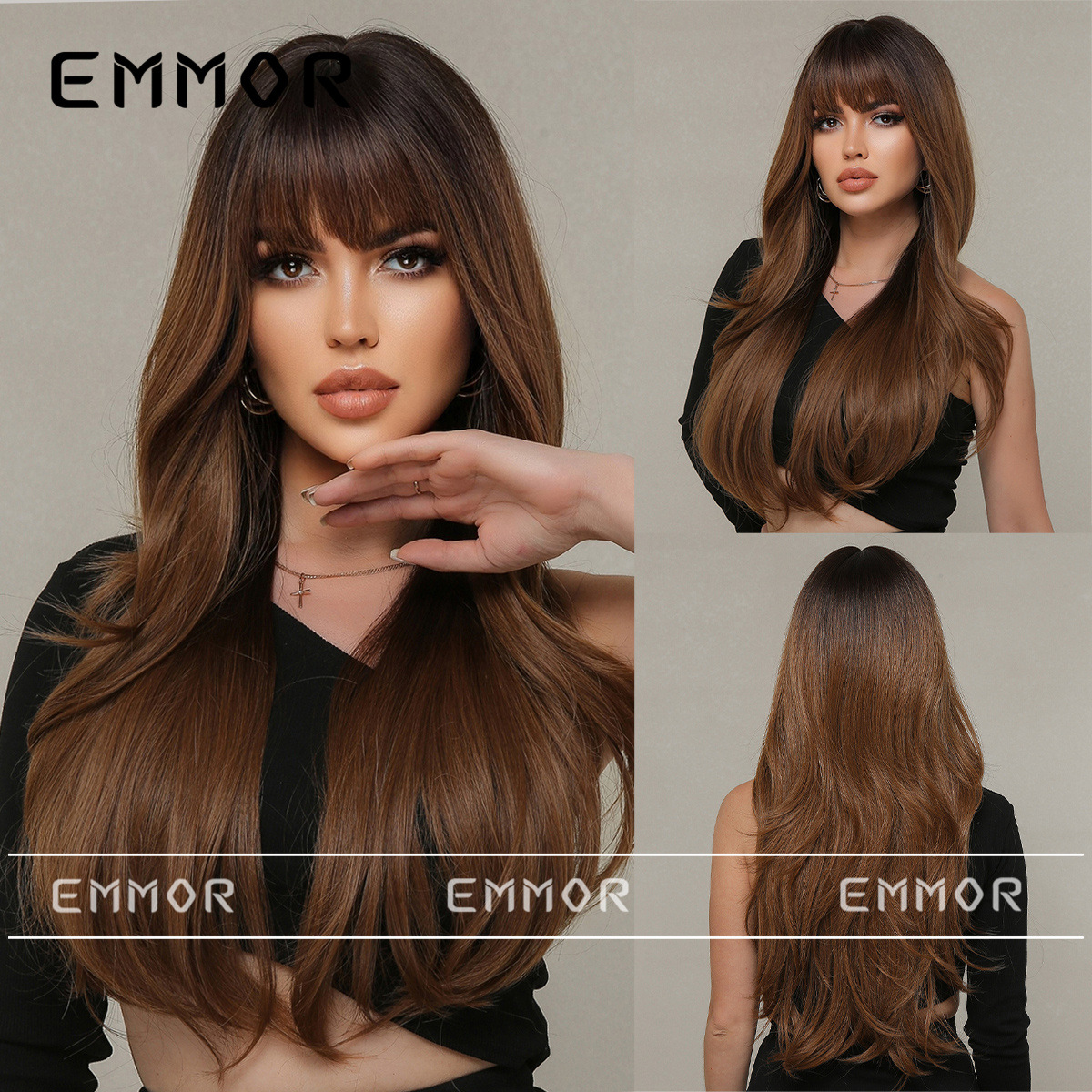 Nueva llegada europeo y americano Comercio exterior transfronterizo peluca femenina flequillo recto rojo marrón largo pelo rizado completo cabeza cubierta peluca