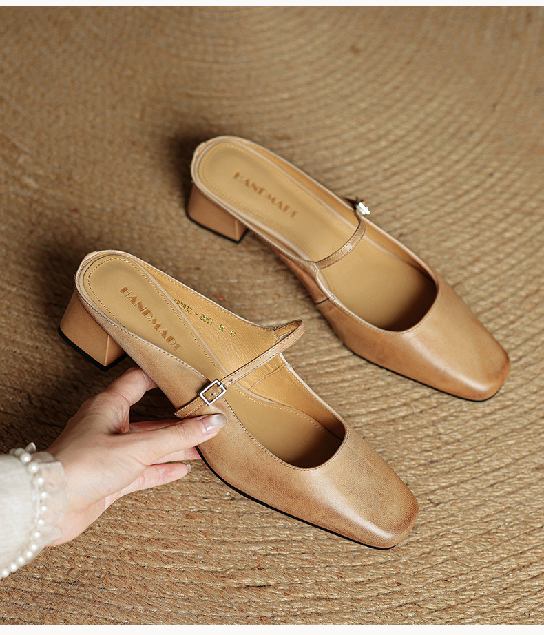 Sandal nữ quai ngang mũi vuông gót 4.5 cm da bò bít mũi hở gót — đen chi tiết 11