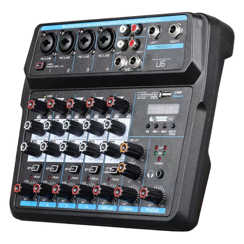 Ventas directas de fábrica mezclador de DJ de seis vías mezclador de audio grabación en vivo mezclador de música tarjeta de sonido transmisión en vivo