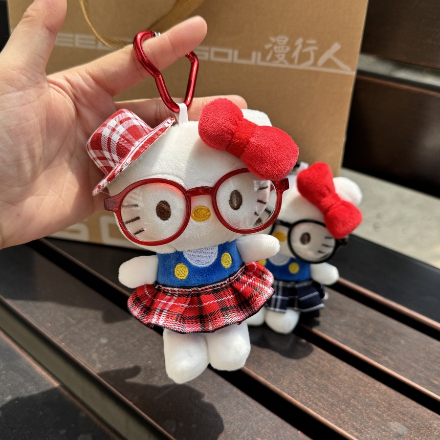 체크 치마 고양이 봉제인형 키링 가방 장식