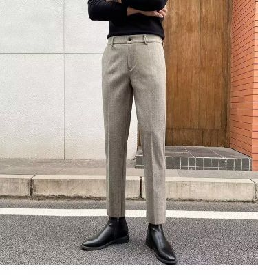 Pu Shuai Mei Británico grueso de la vendimia lana negro gris patrón espiga tela cruzada Tweed slim fit traje flaco los hombres Pantalones