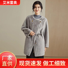 秋冬圆领侧扣外套收腰设计显瘦毛呢外套女气质款加厚中长款外套