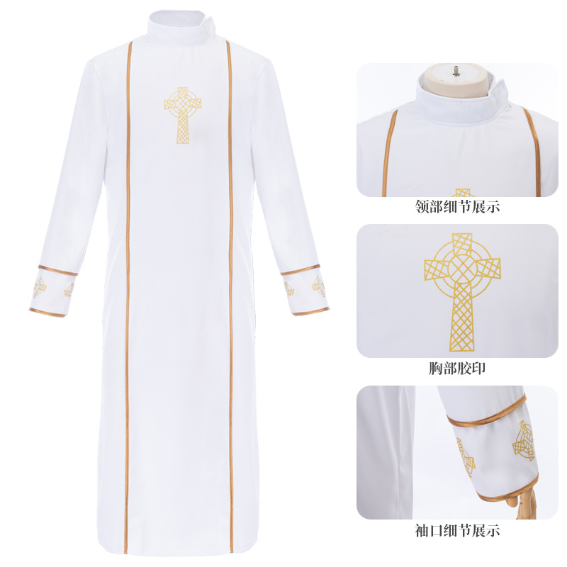 White priest's robes cosplay costume, medieval cosplay, yellow cross robe, stage performance dress