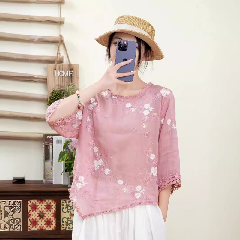 2025 Summer New Style Round Neck Lace Three-Quarter Sleeve Ramie Embroidered Plum Blossom T-Shirt with Asymmetrical Design for Women