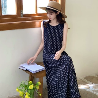燕归梁夏季新款无袖棉绸连衣裙通勤碎花长裙宽松显瘦度假沙滩裙女