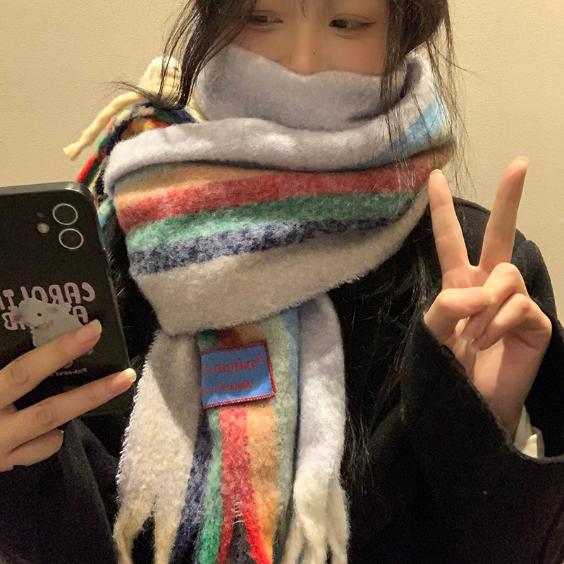 Long Rainbow Striped Mohair Scarf For Women Winter Warmth_voghion.com