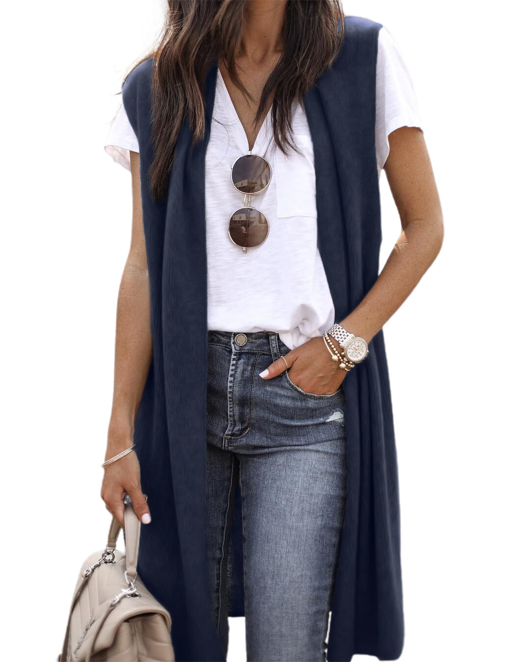 Europeo y americano 2023 transfronterizo Amazon nuevo chaleco cardigan eBay moda de moda medio-longitud chaleco sin mangas para las mujeres
