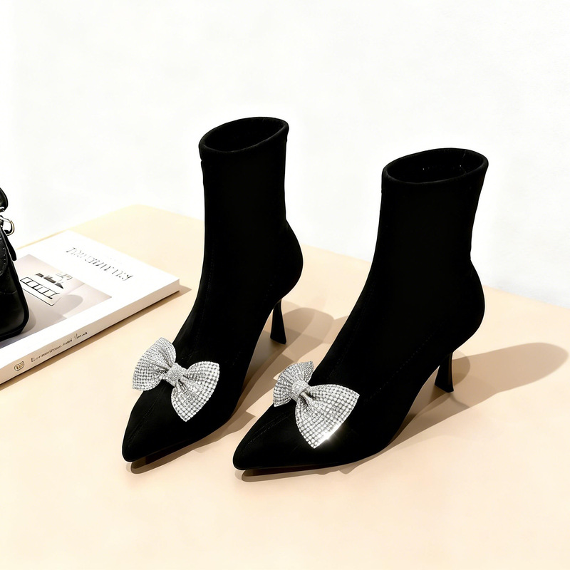 Versatile, Elegant, and Luxurious High-Heeled Shoes That Are Comfortable and Don'T Tire the Feet, Slimming Boots, Short Boots, Small Size 33, Bow-Knot Calf Boots, Size 31, Stiletto Heels